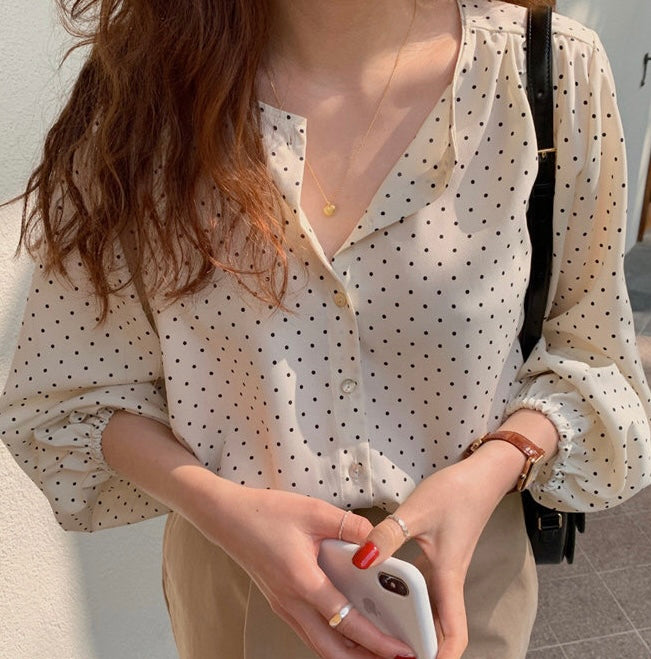 波點燈籠袖恤衫