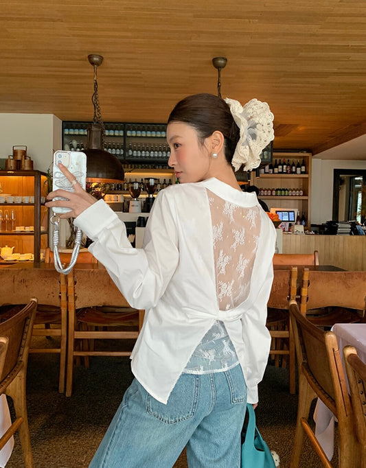 蕾絲拼接露背蝴蝶結恤衫