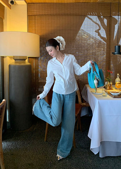 レース切り替えバックレスリボンブラウス