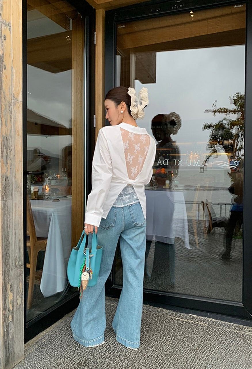 レース切り替えバックレスリボンブラウス