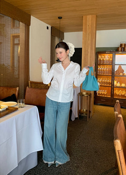 レース切り替えバックレスリボンブラウス