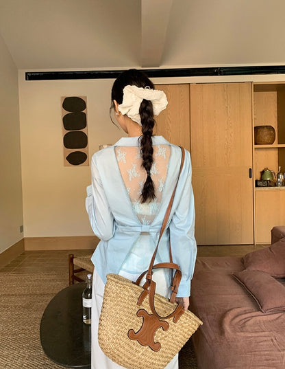 レース切り替えバックレスリボンブラウス