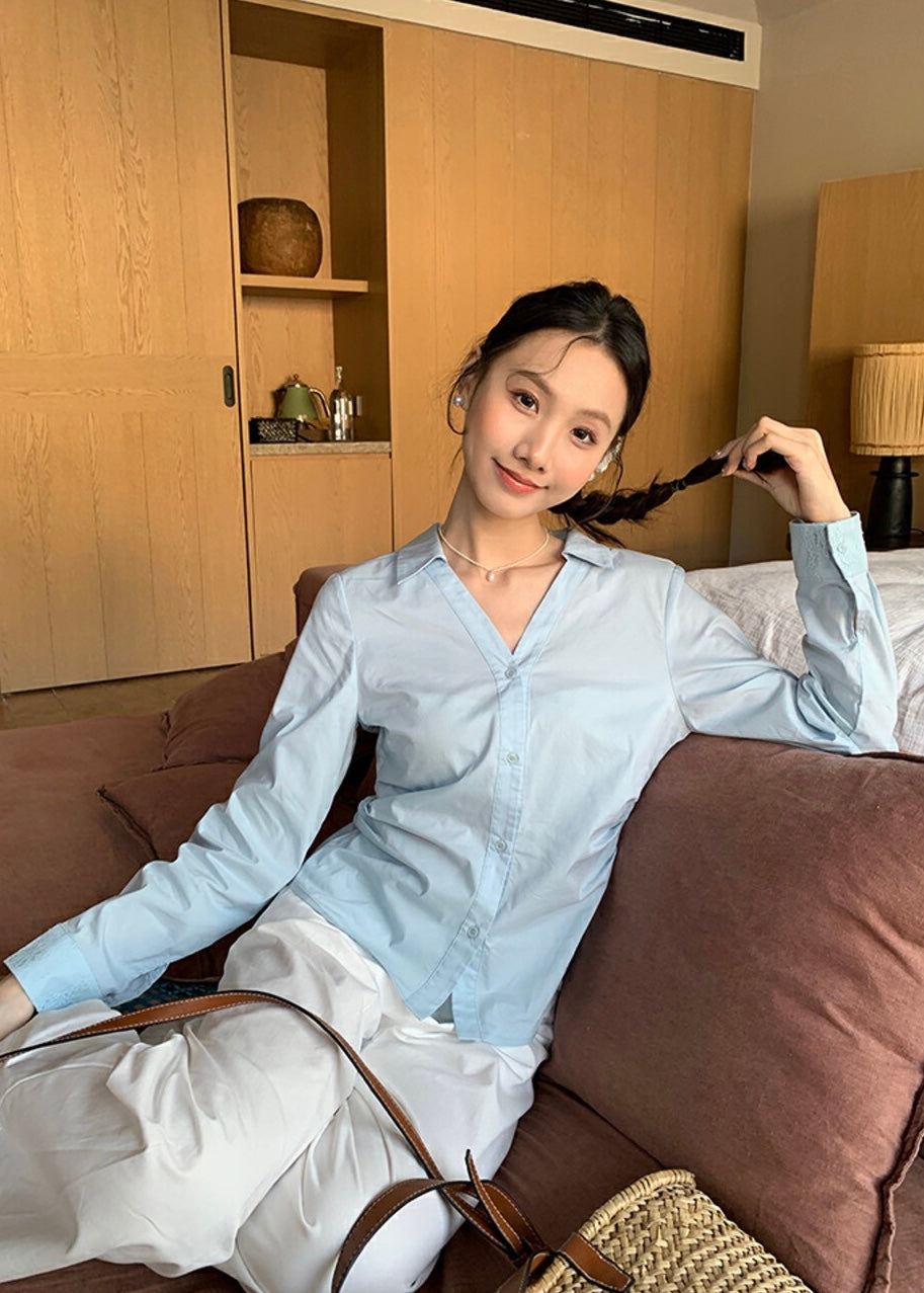 レース切り替えバックレスリボンブラウス