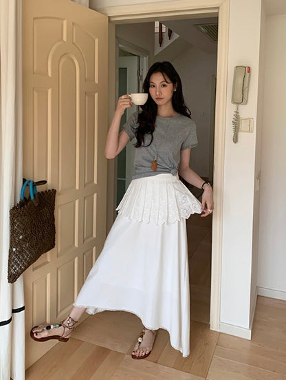 Irregular Hem Midi Skirt + Embroidered Pleated Skirt Set