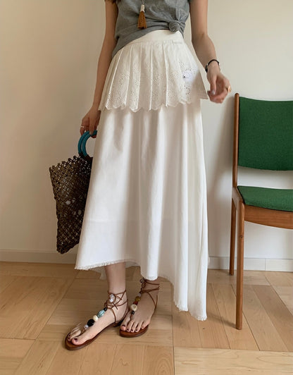 Irregular Hem Midi Skirt + Embroidered Pleated Skirt Set