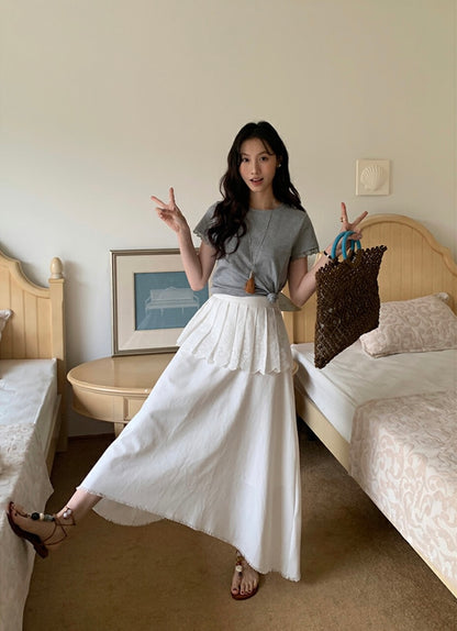 Irregular Hem Midi Skirt + Embroidered Pleated Skirt Set