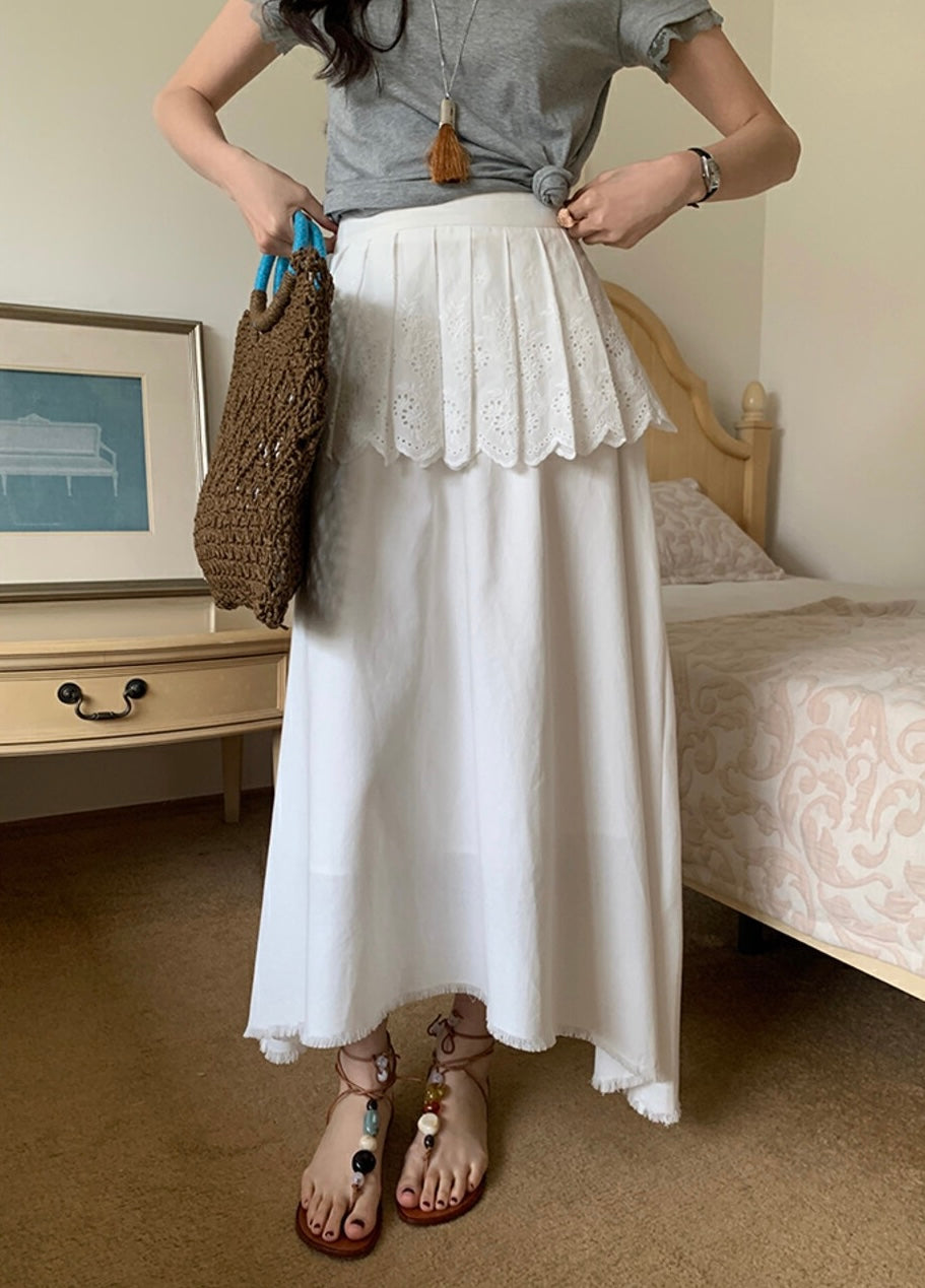 Irregular Hem Midi Skirt + Embroidered Pleated Skirt Set