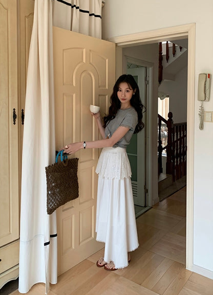 Irregular Hem Midi Skirt + Embroidered Pleated Skirt Set