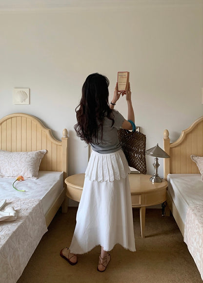 Irregular Hem Midi Skirt + Embroidered Pleated Skirt Set