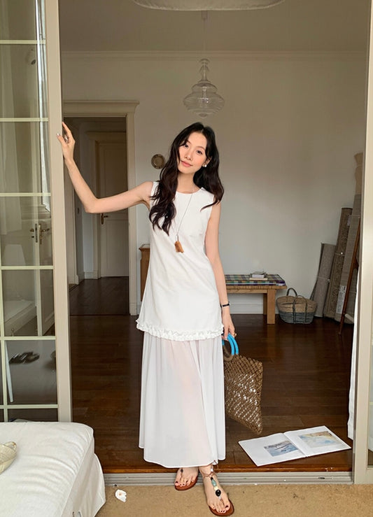 圓領層次感拼接背心連身裙