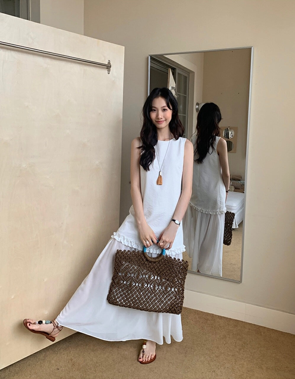 圓領層次感拼接背心連身裙