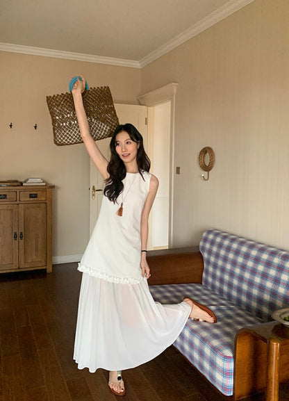 圓領層次感拼接背心連身裙