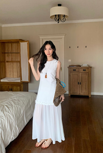 圓領層次感拼接背心連身裙