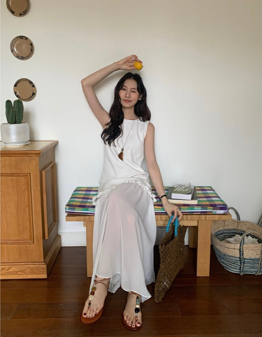 圓領層次感拼接背心連身裙