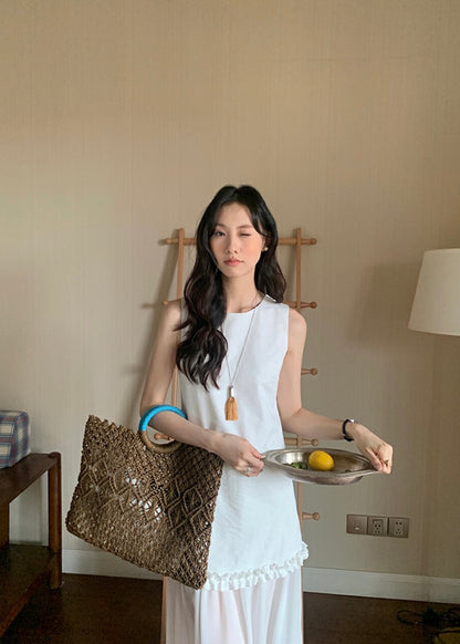 圓領層次感拼接背心連身裙