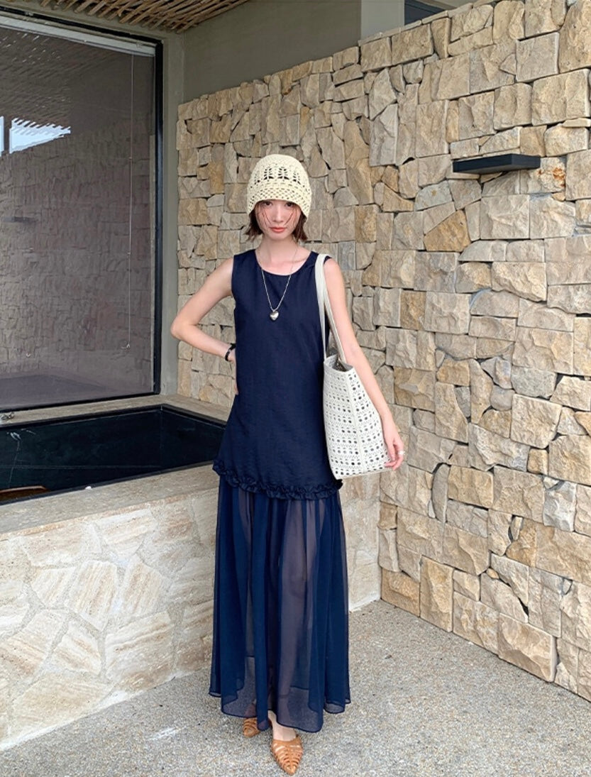 圓領層次感拼接背心連身裙