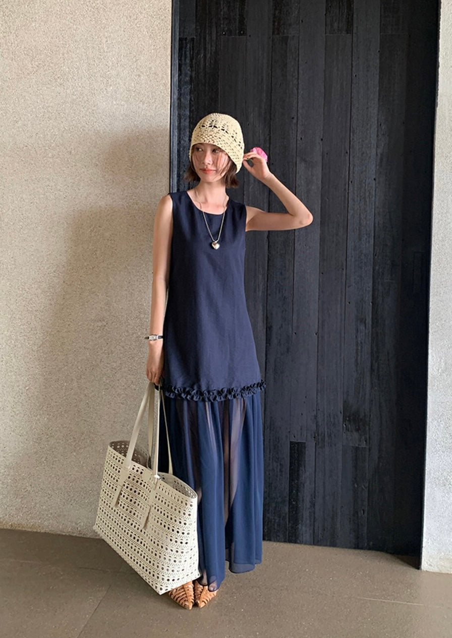 圓領層次感拼接背心連身裙