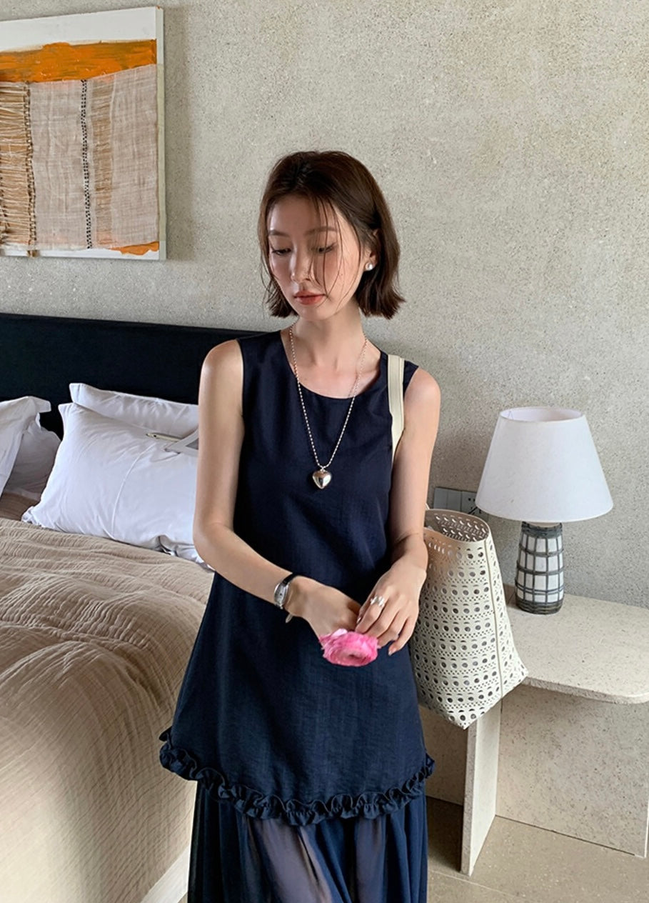 圓領層次感拼接背心連身裙