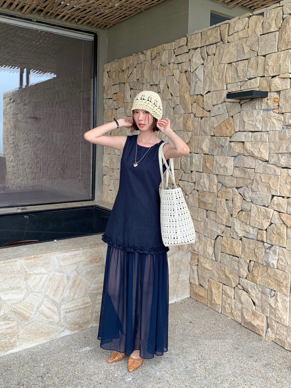 圓領層次感拼接背心連身裙