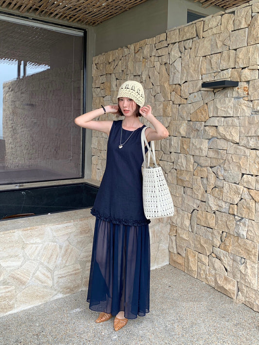 圓領層次感拼接背心連身裙