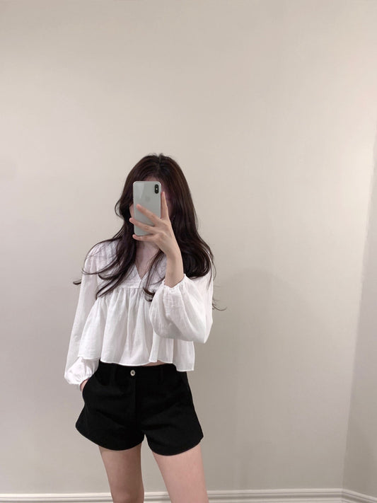 V領蕾絲拼接雪紡恤衫