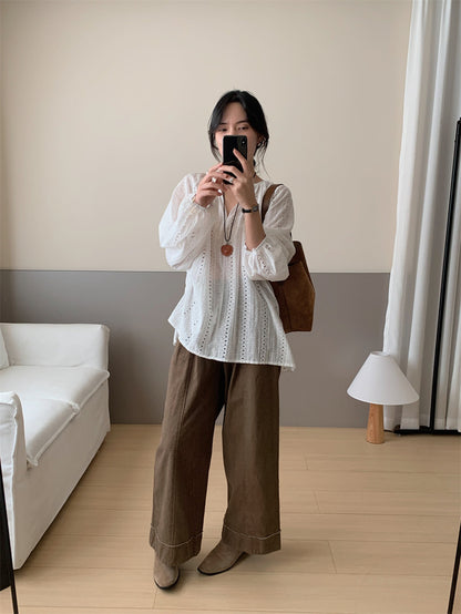 V-neck Embroidered Hollow-out Blouse