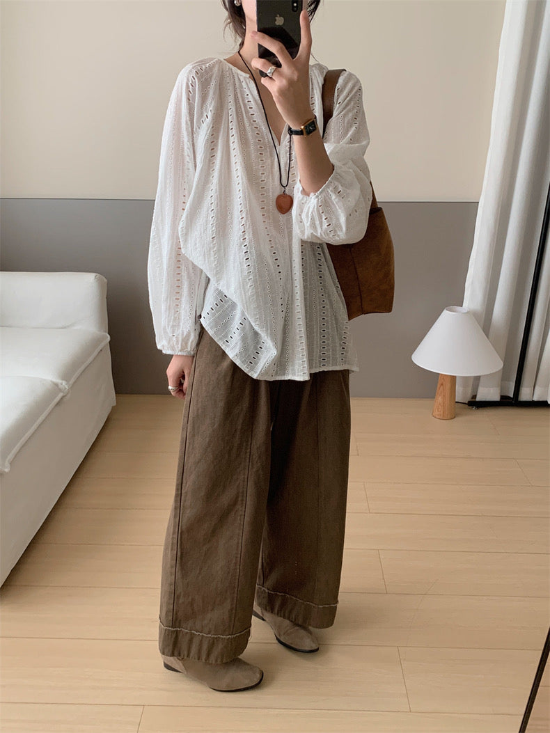 V-neck Embroidered Hollow-out Blouse