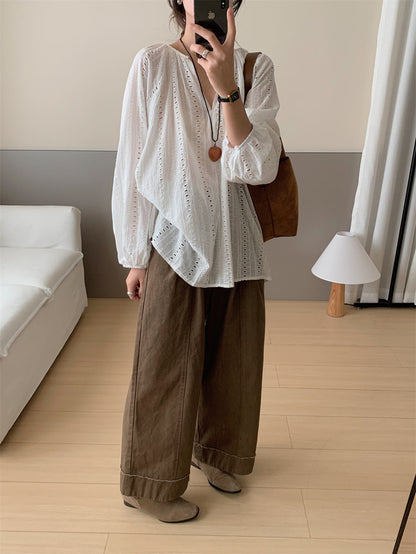 V-neck Embroidered Hollow-out Blouse