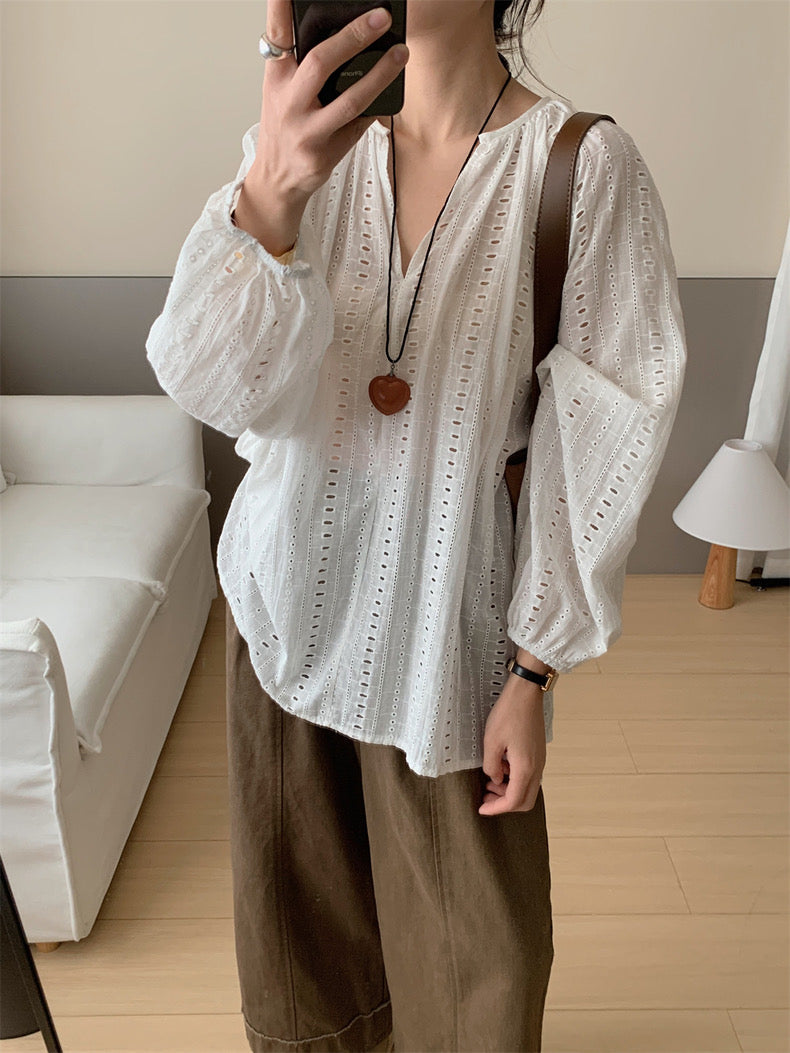 V-neck Embroidered Hollow-out Blouse