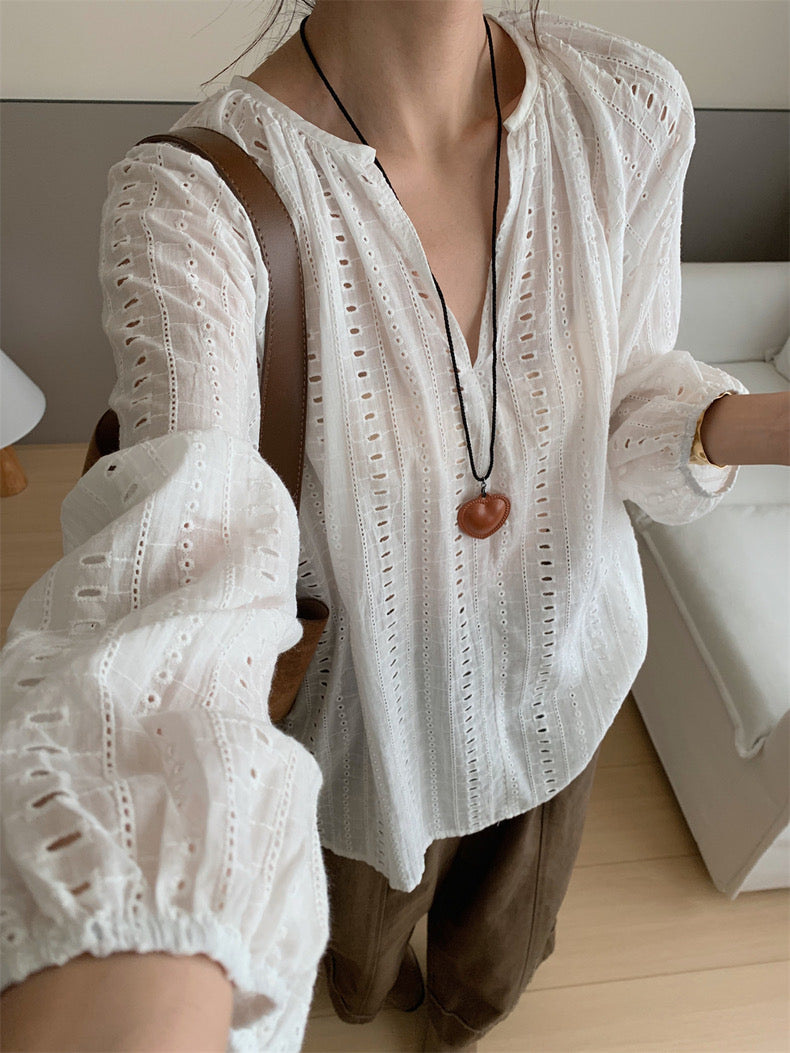 V-neck Embroidered Hollow-out Blouse