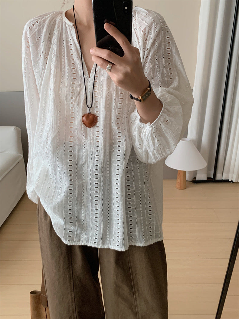 V-neck Embroidered Hollow-out Blouse