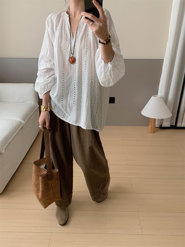 V-neck Embroidered Hollow-out Blouse