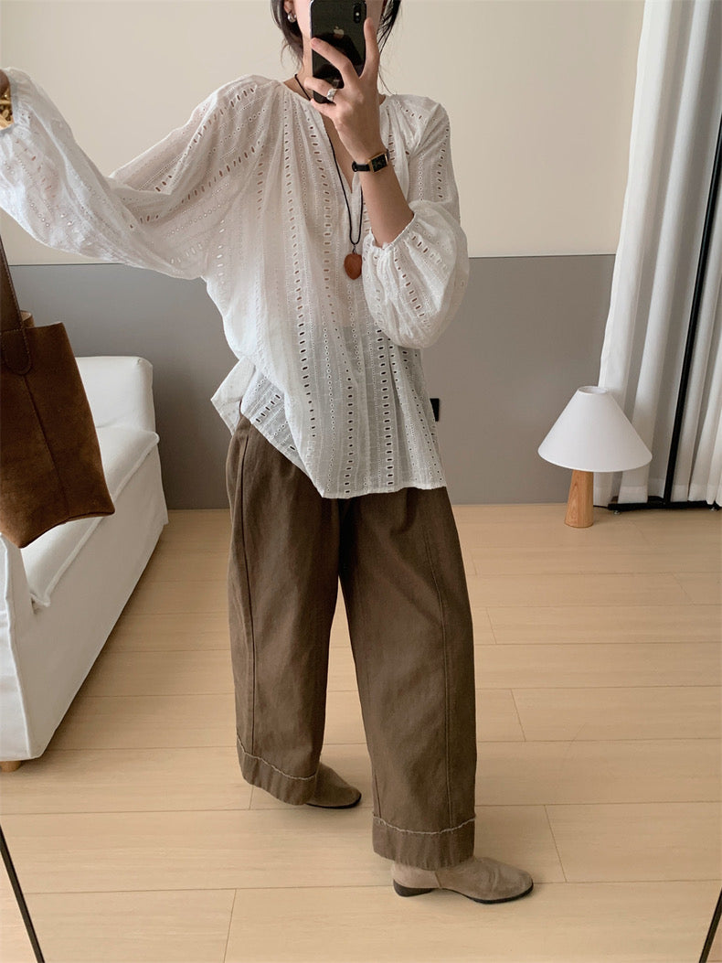 V-neck Embroidered Hollow-out Blouse