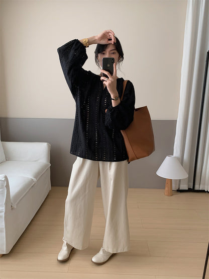 V-neck Embroidered Hollow-out Blouse