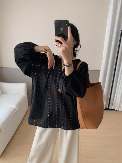 V-neck Embroidered Hollow-out Blouse
