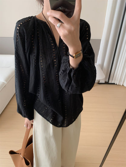 V-neck Embroidered Hollow-out Blouse