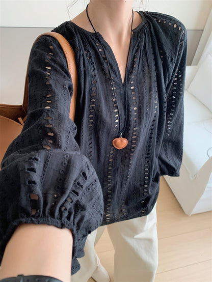 V-neck Embroidered Hollow-out Blouse
