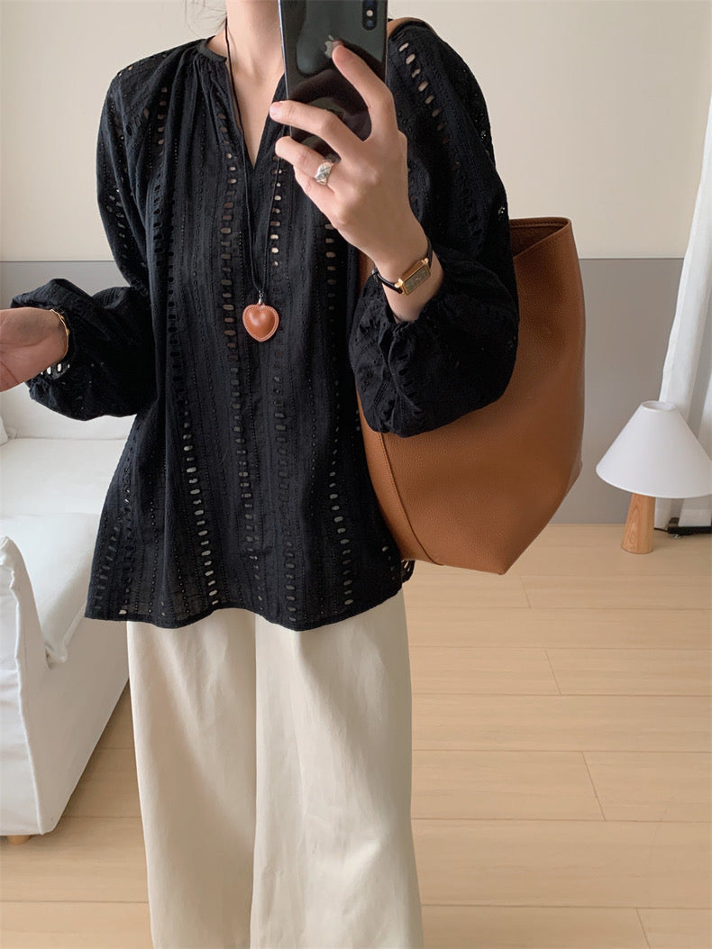 V-neck Embroidered Hollow-out Blouse