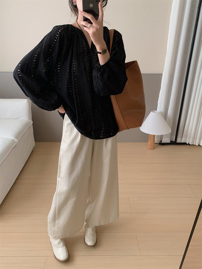 V-neck Embroidered Hollow-out Blouse