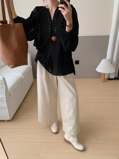 V-neck Embroidered Hollow-out Blouse