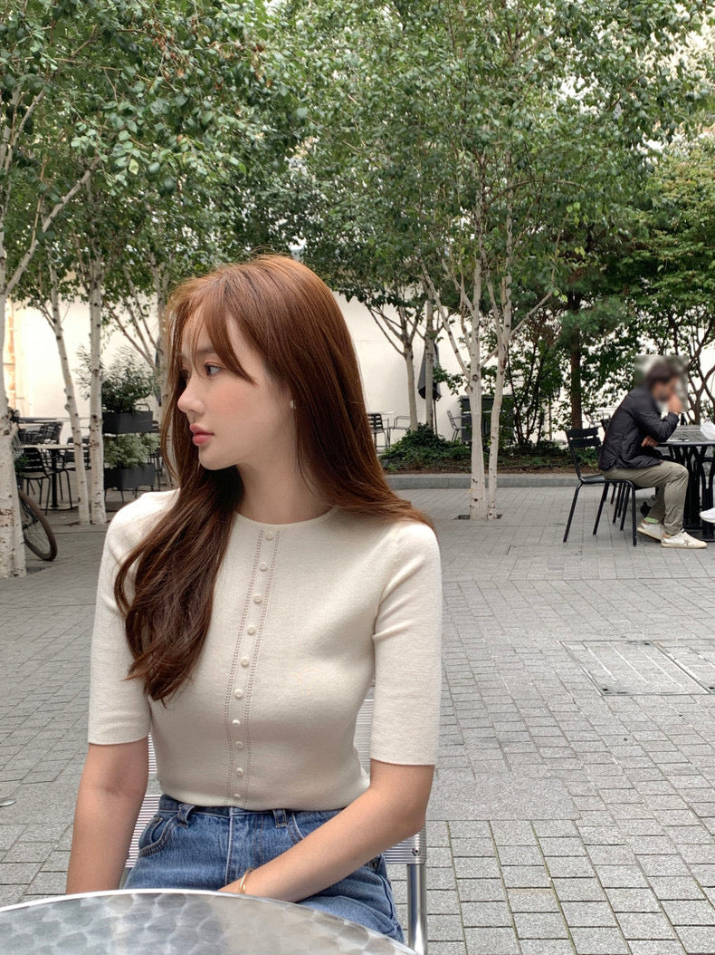 Crew Neck Slim Fit Knit Top with Button Detailing