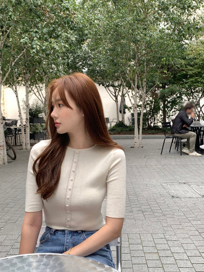 Crew Neck Slim Fit Knit Top with Button Detailing