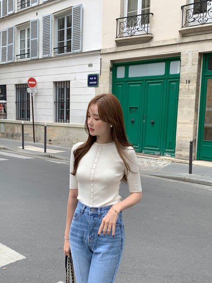 Crew Neck Slim Fit Knit Top with Button Detailing