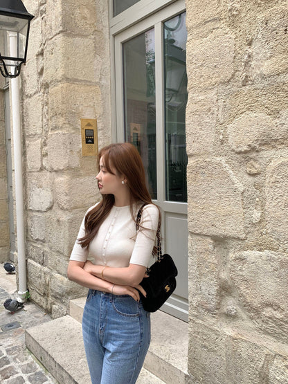 Crew Neck Slim Fit Knit Top with Button Detailing