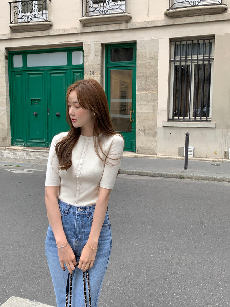 Crew Neck Slim Fit Knit Top with Button Detailing