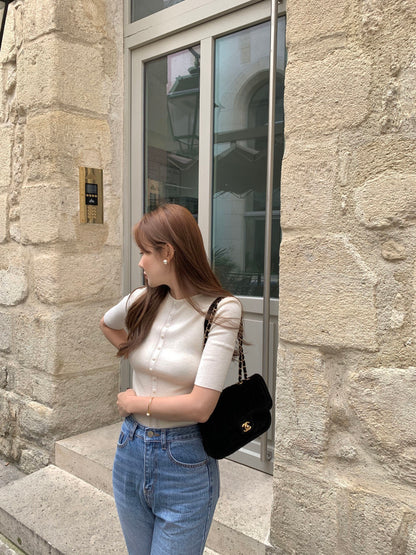 Crew Neck Slim Fit Knit Top with Button Detailing