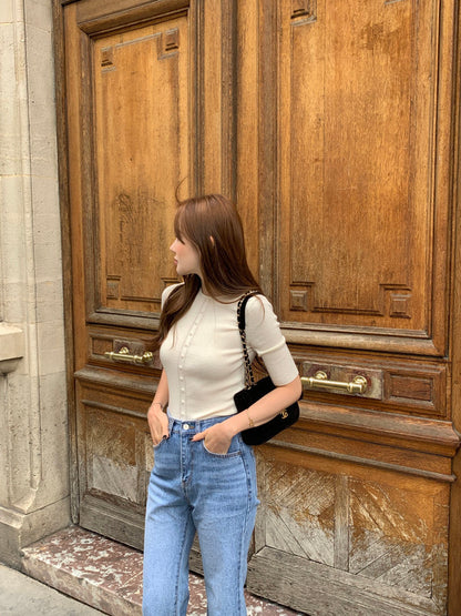 Crew Neck Slim Fit Knit Top with Button Detailing