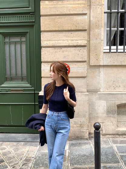 Crew Neck Slim Fit Knit Top with Button Detailing