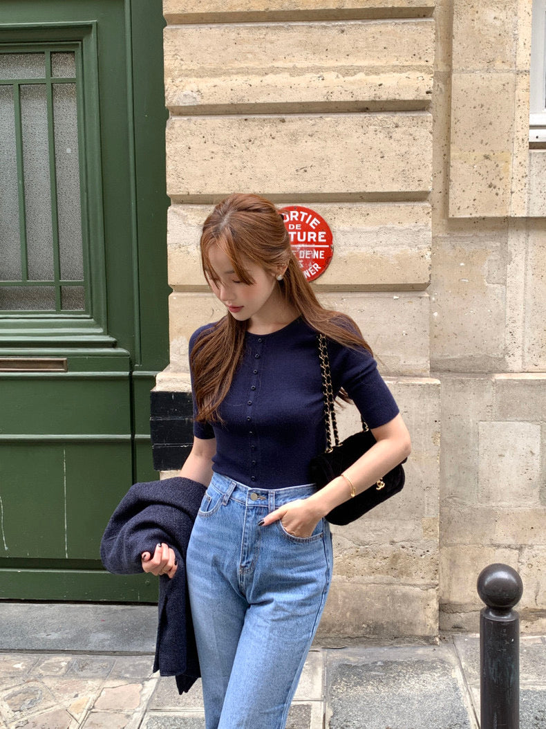 Crew Neck Slim Fit Knit Top with Button Detailing