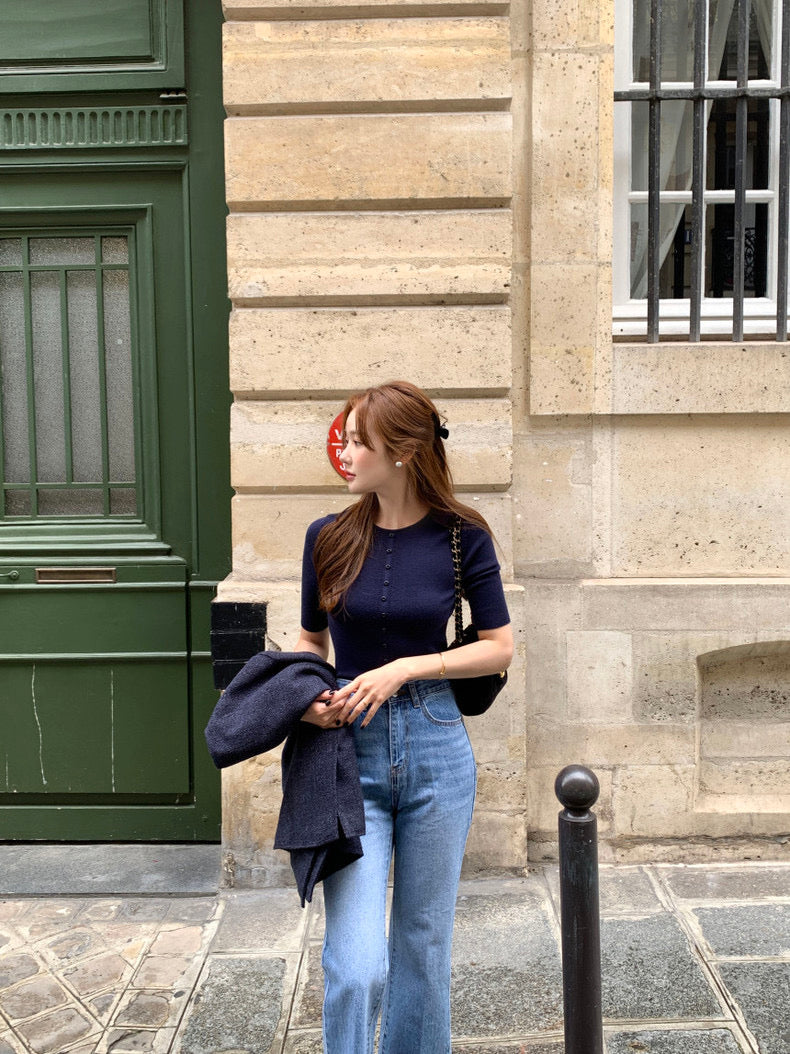 Crew Neck Slim Fit Knit Top with Button Detailing